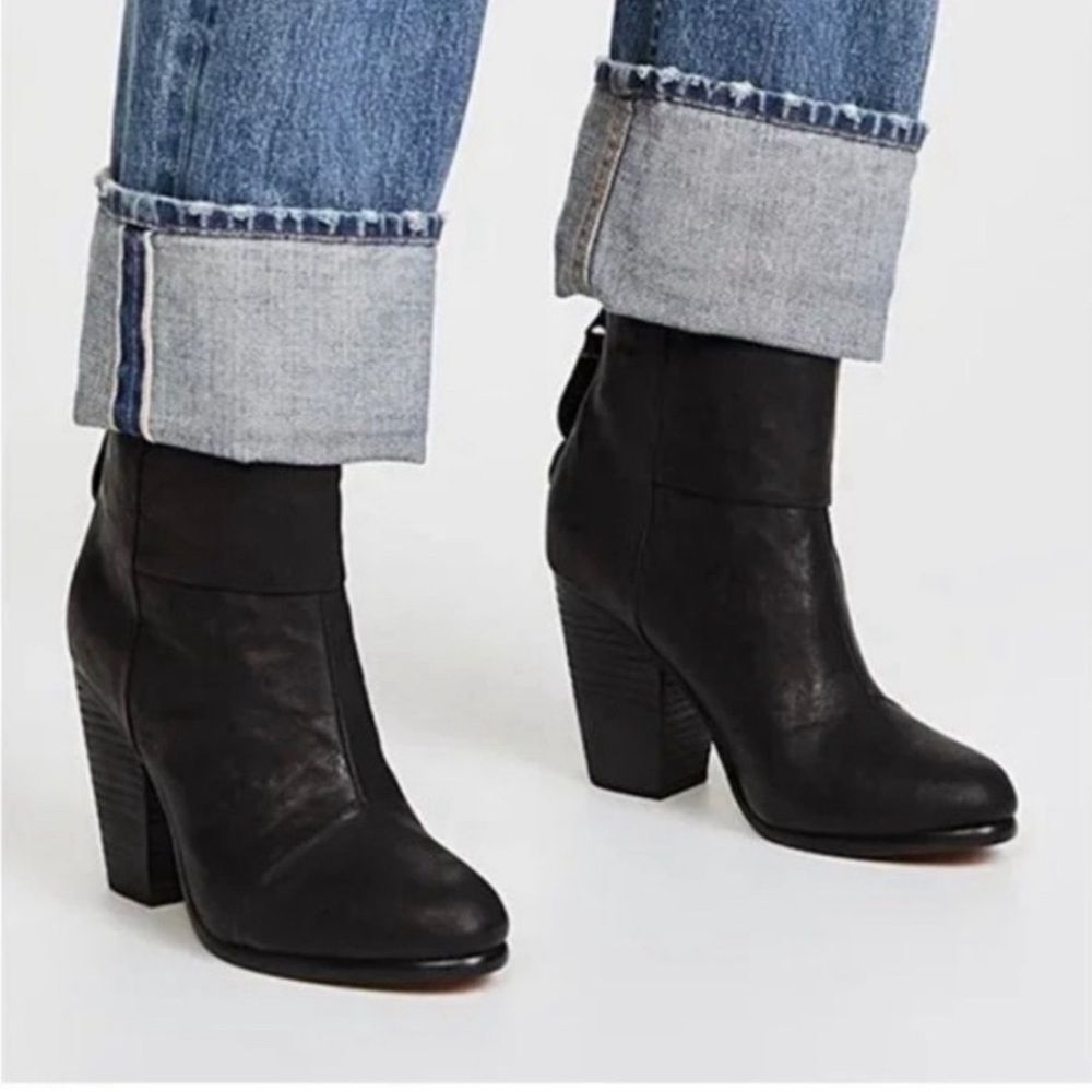 Rag & Bone Newbury Black Leather Ankle Heel Booties Size 37 7 US